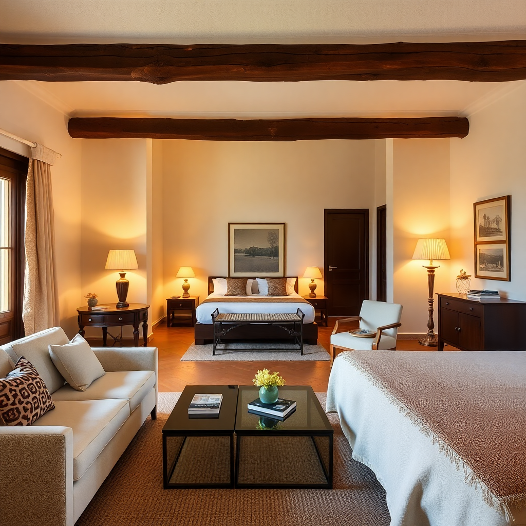 Borgo Egnazia luxury suite interior, traditional meets modern design, warm lighting