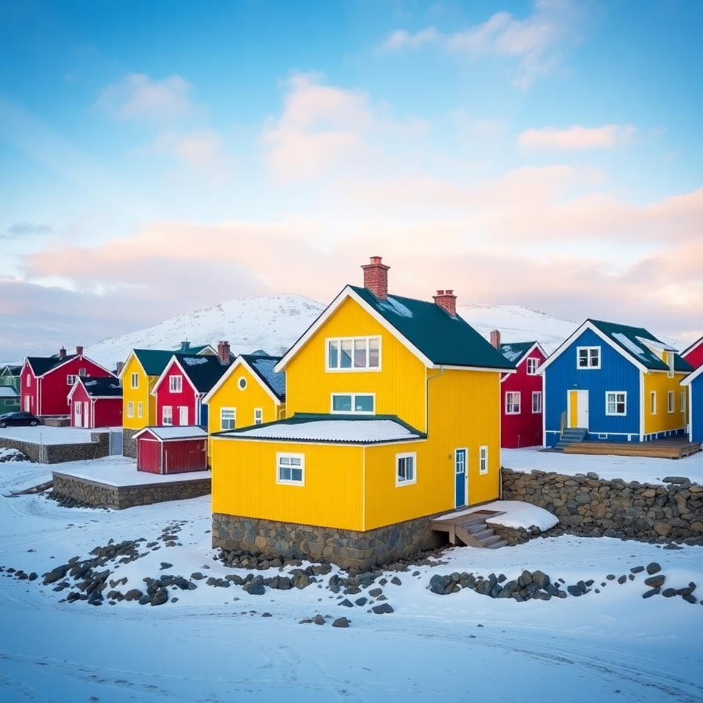 colorful houses in Greenland coastal town, Nordic architecture, vibrant buildings against snowy landscape