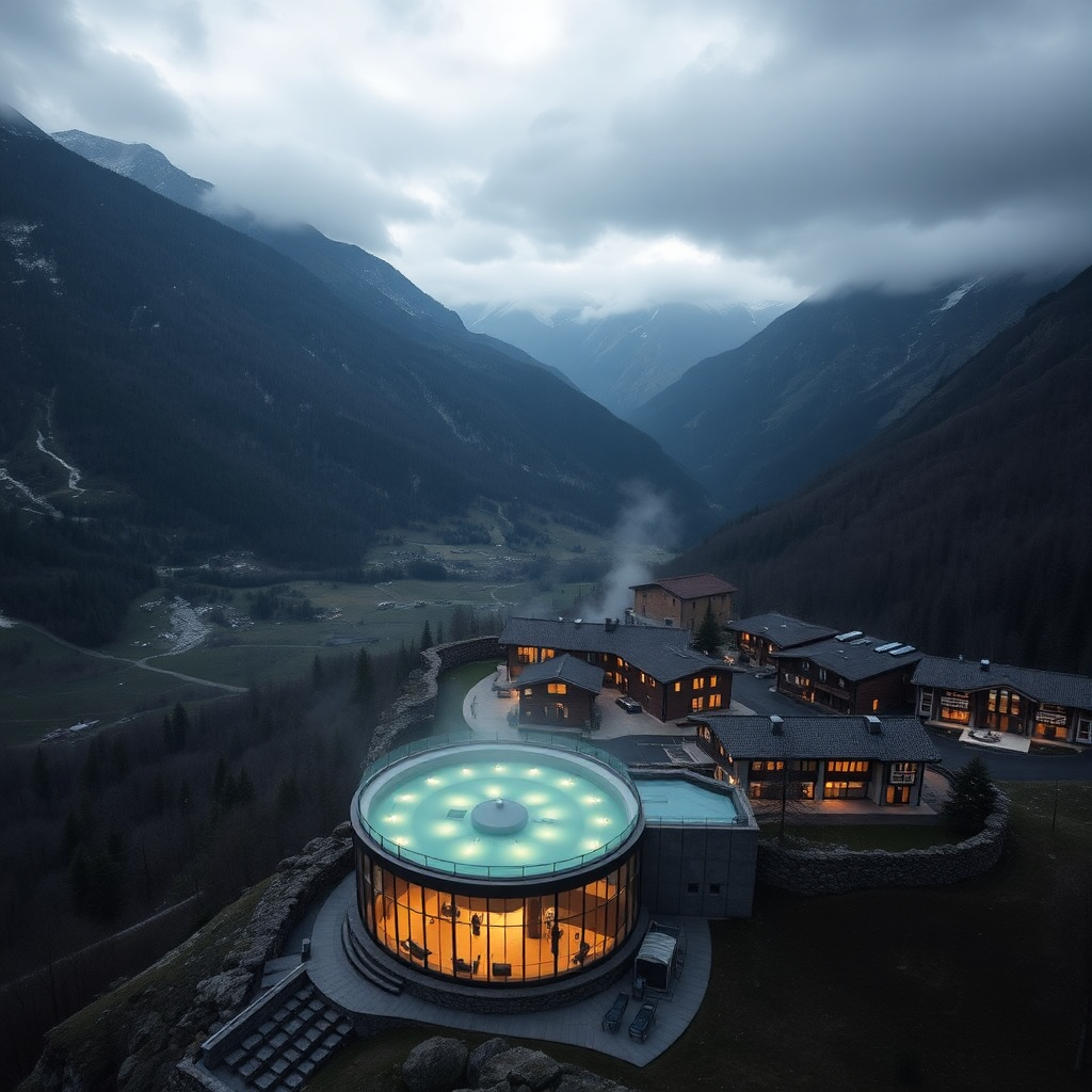 Caldea glass tower Escaldes-Engordany Andorra aerial view thermal spa complex mountain valley Pyrenees editorial luxury dark cinematic champagne tones steam rising