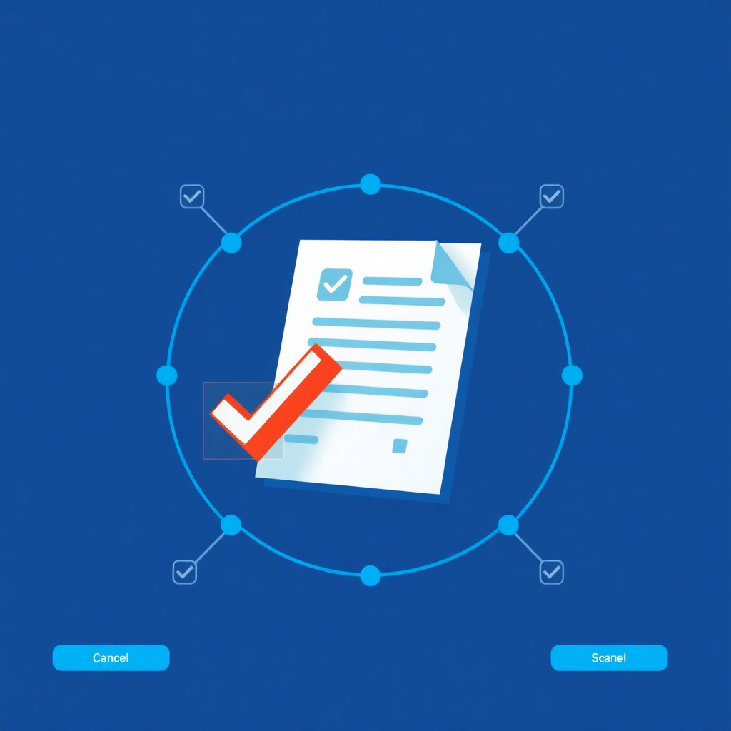 AI document verification interface, scanning documents with checkmarks, modern UI with blue accents, professional document management system