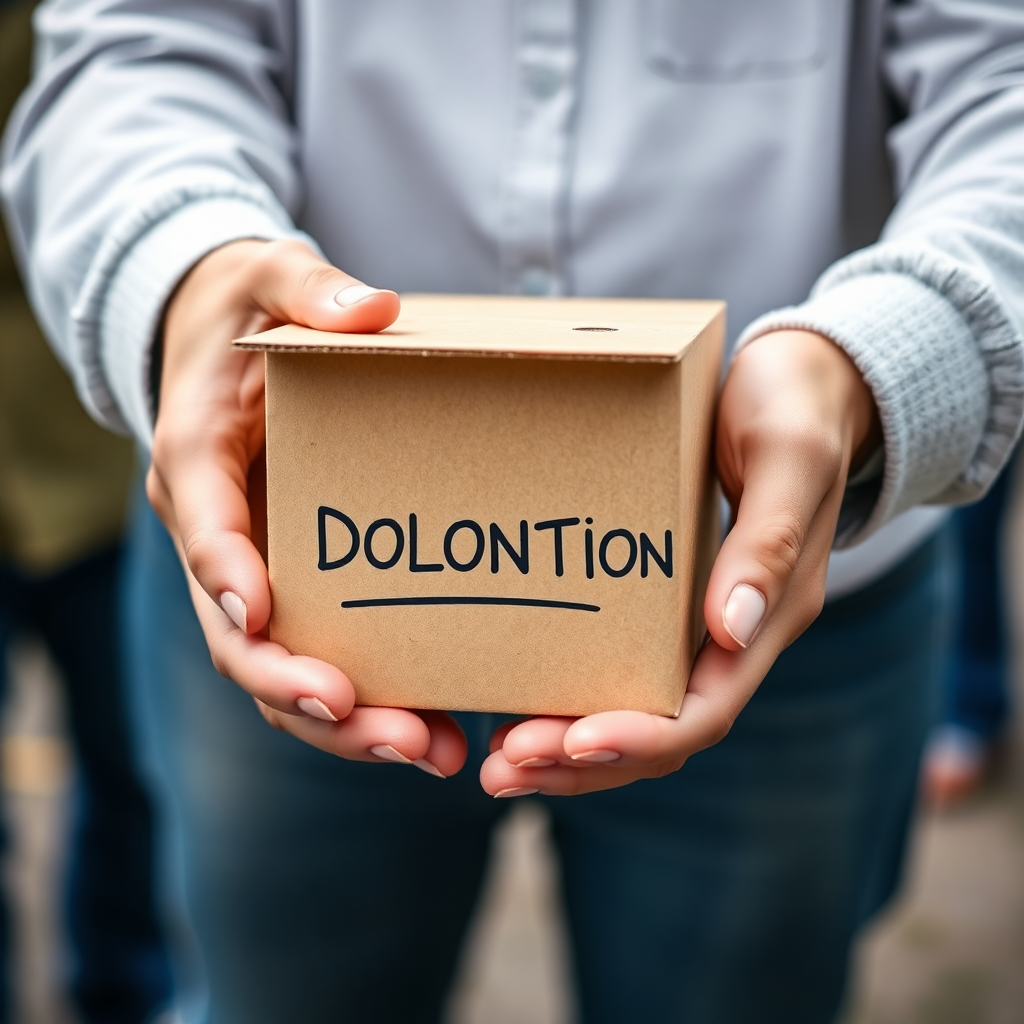 hands holding donation box with community support, mutual aid, people helping each other
