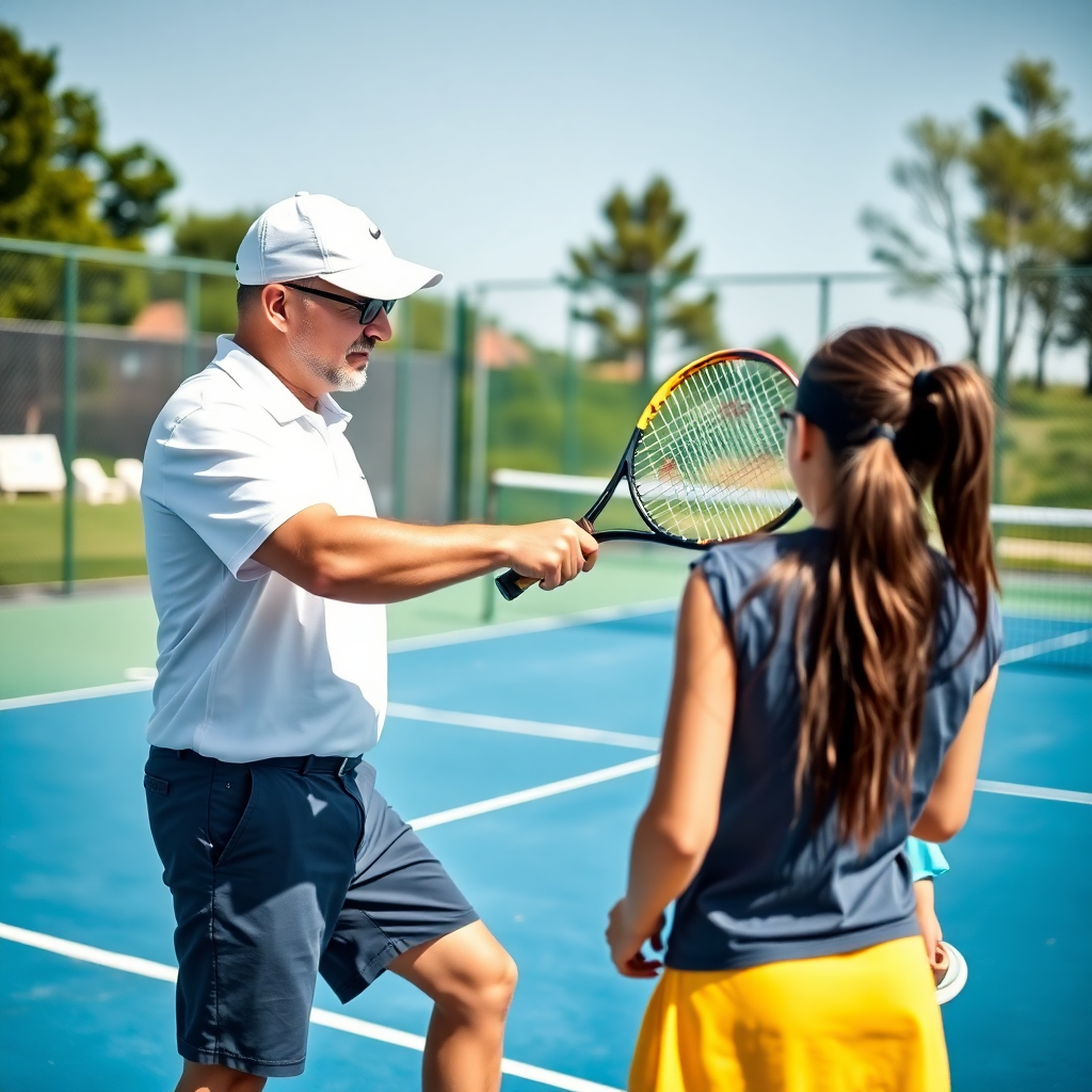 professional male tennis coach in white polo and cap demonstrating forehand technique to teenage athletes on outdoor blue hard court, sunny day, photorealistic sports photography, high resolution, natural lighting, Canon DSLR quality