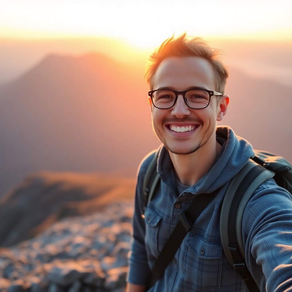 happy traveler smiling on mountain top at sunrise, candid travel photography, bright and inspiring