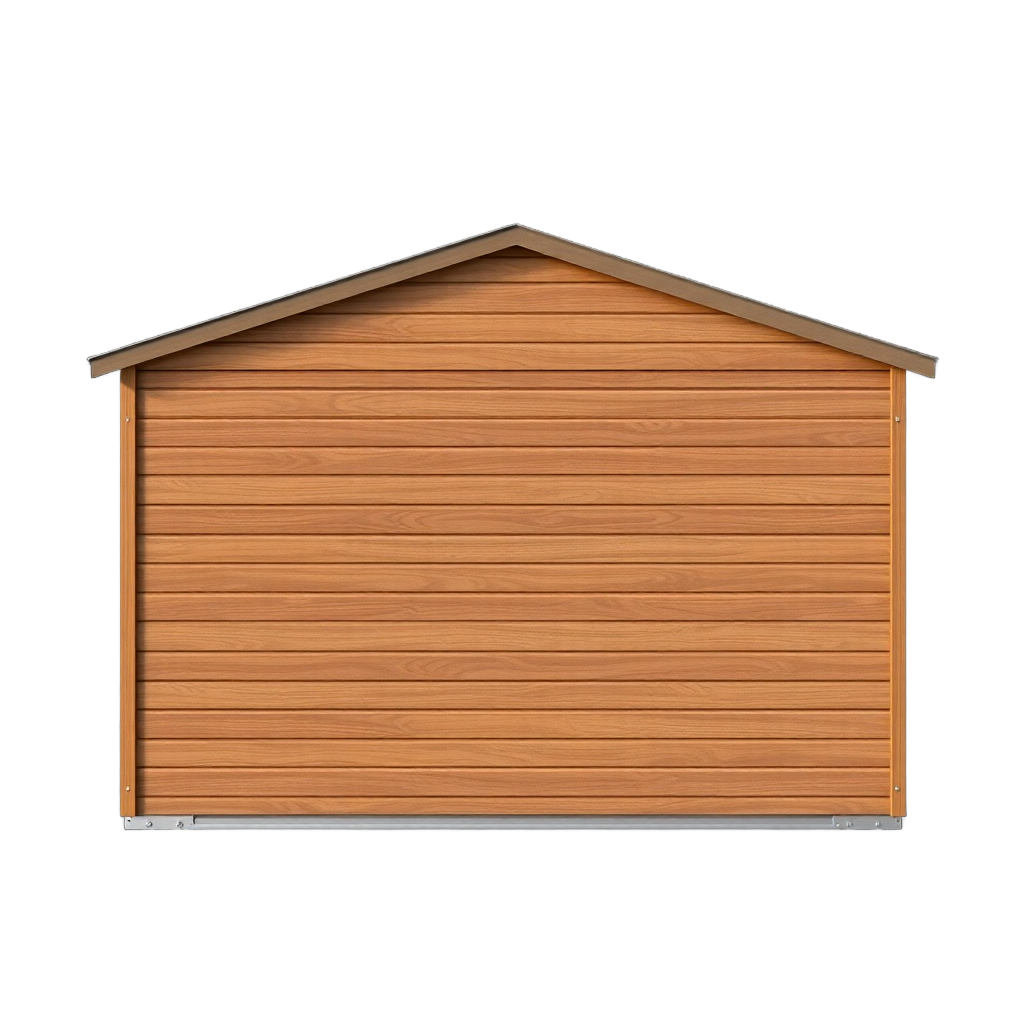 3D render of a single metal garage with wood-like texture finish