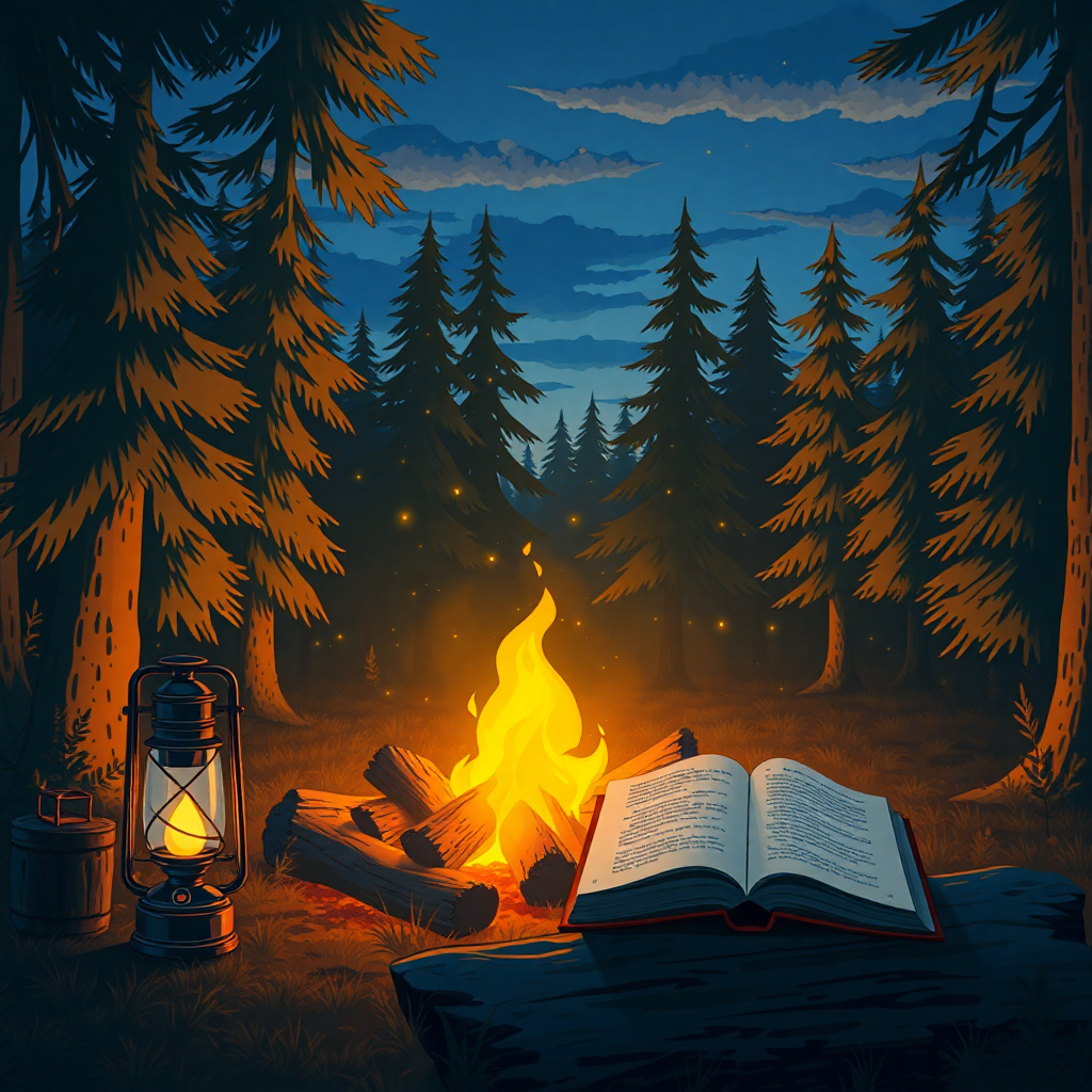 magical cozy campfire glowing warmly in a peaceful forest clearing at dusk, golden amber flames dancing, surrounding trees silhouetted against deep blue twilight sky, sparkling fireflies floating, vintage lantern nearby, open storybook resting on a log, warm inviting atmosphere, Studio Ghibli style, rich deep colors, no people
