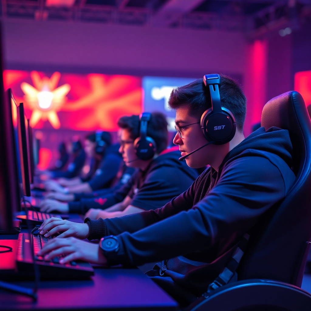 esports players with disabilities competing at a professional tournament, blue and red lighting, inspirational