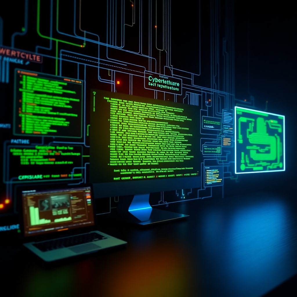 cyberpunk-style software development concept with glowing green code and digital interfaces on dark background