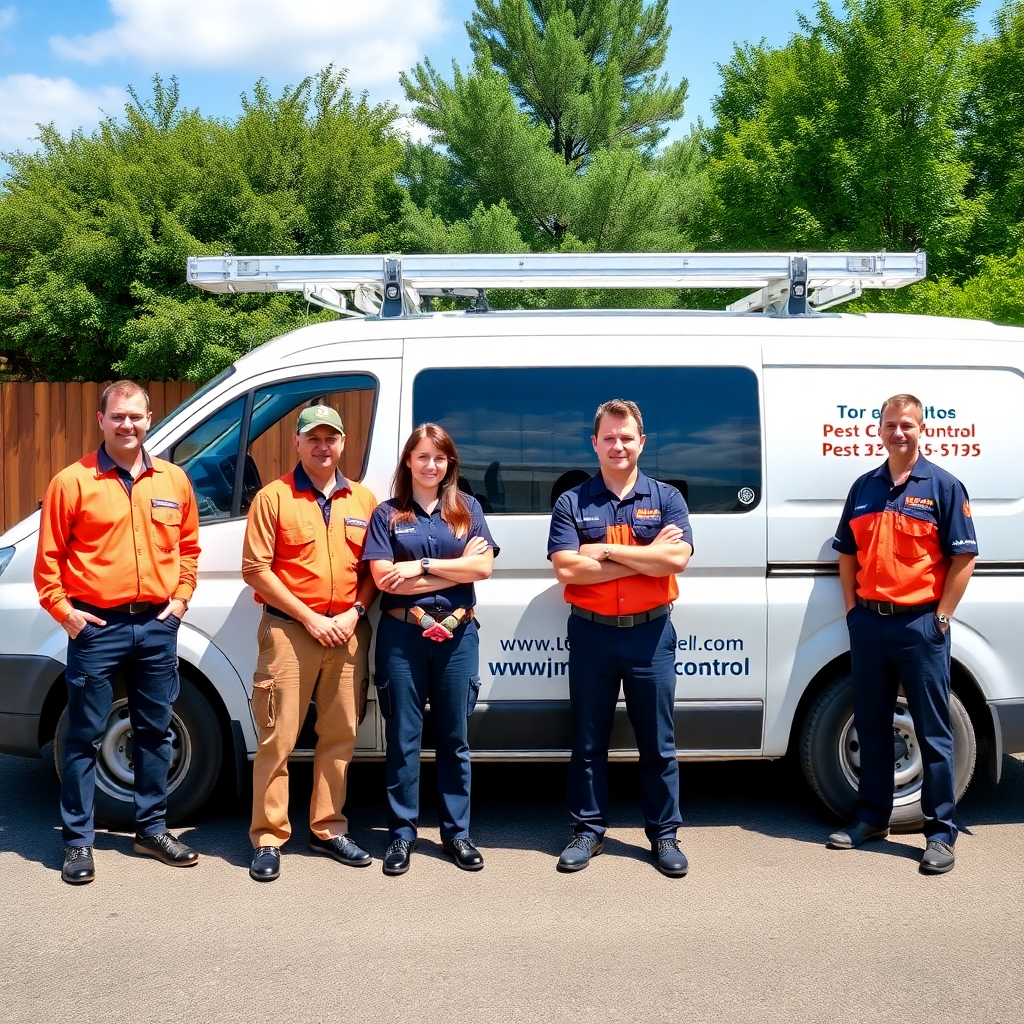 professional pest control team in uniforms standing in front of company van, bright sunny day, professional photography