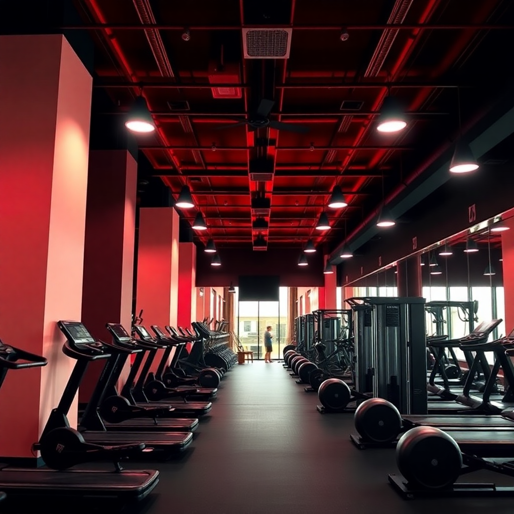 luxury gym blog fitness motivation dark red lighting modern equipment inspiring atmosphere