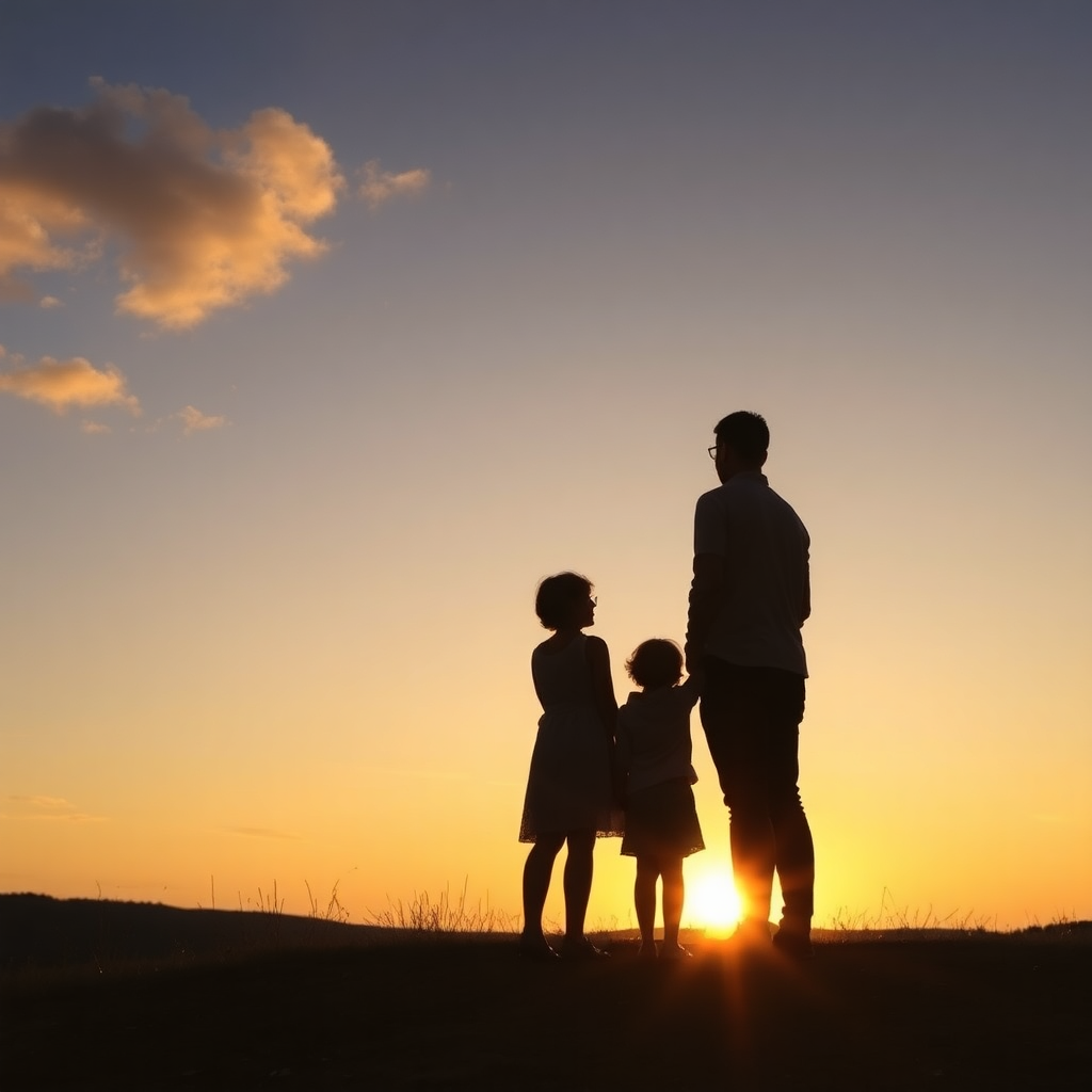 sunset sky with silhouette of family looking at horizon, emotional moment, soft golden light, serene atmosphere