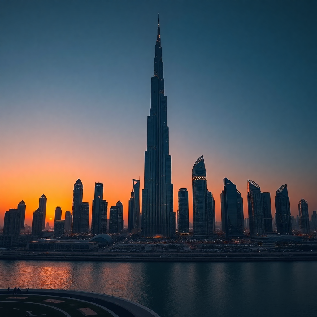 Luxury Dubai skyline with Burj Khalifa at sunset