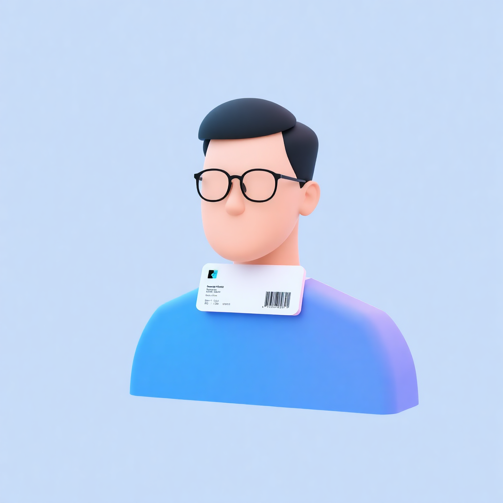 3D minimal abstract illustration of a person with digital identity card, neumorphic design style with soft blue gradient