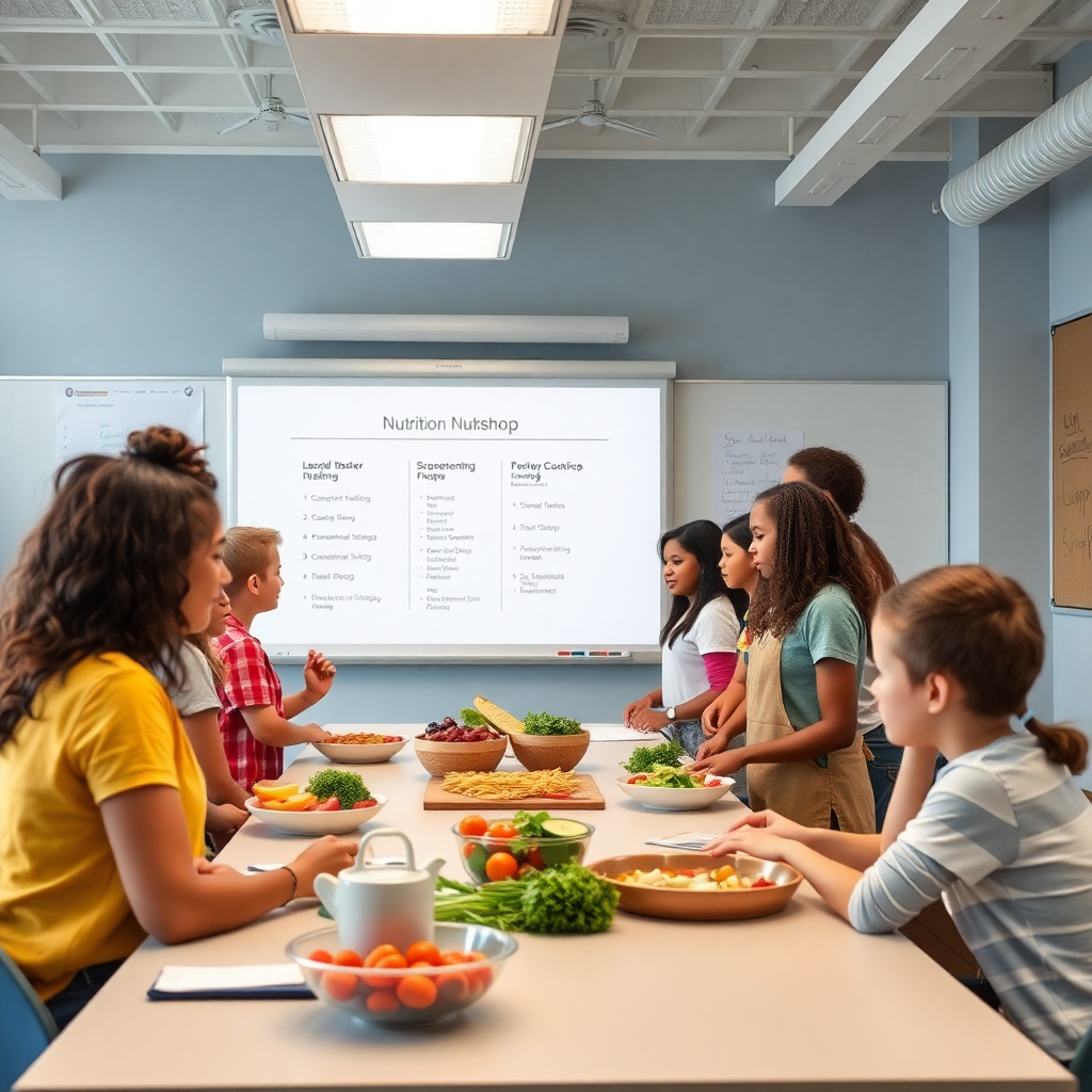 nutrition workshop classroom with diverse students learning meal planning, interactive whiteboard, modern educational setting