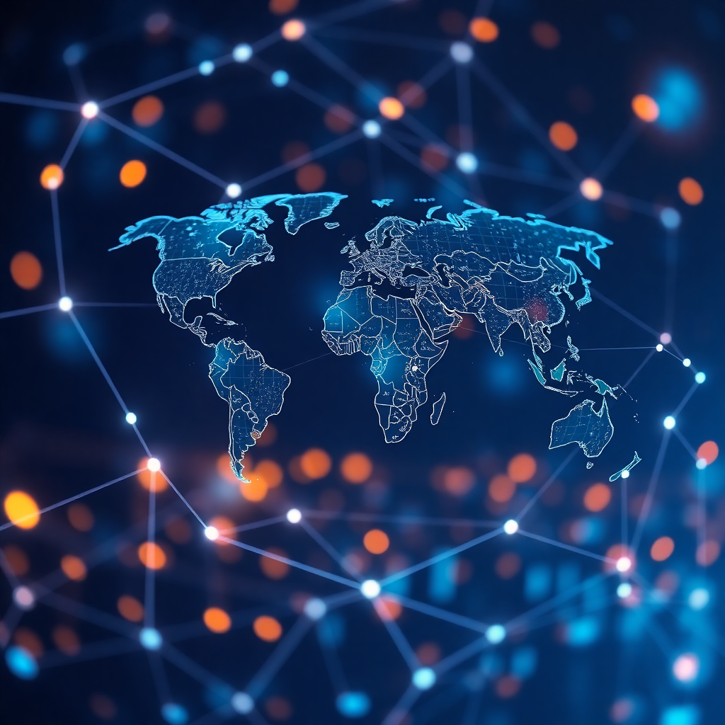 global network connection with world map and technology, futuristic digital concept