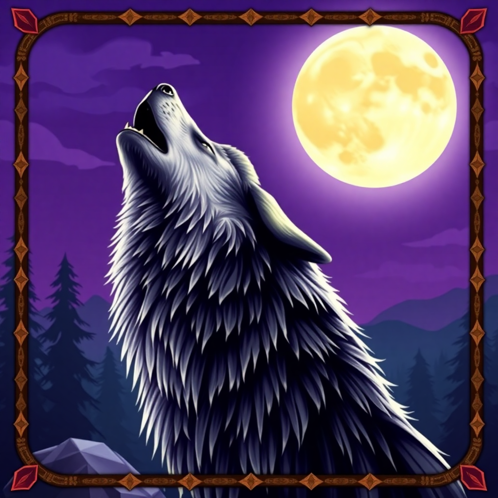 wolf howling at the moon, mystical purple night sky, native american theme, slot game icon