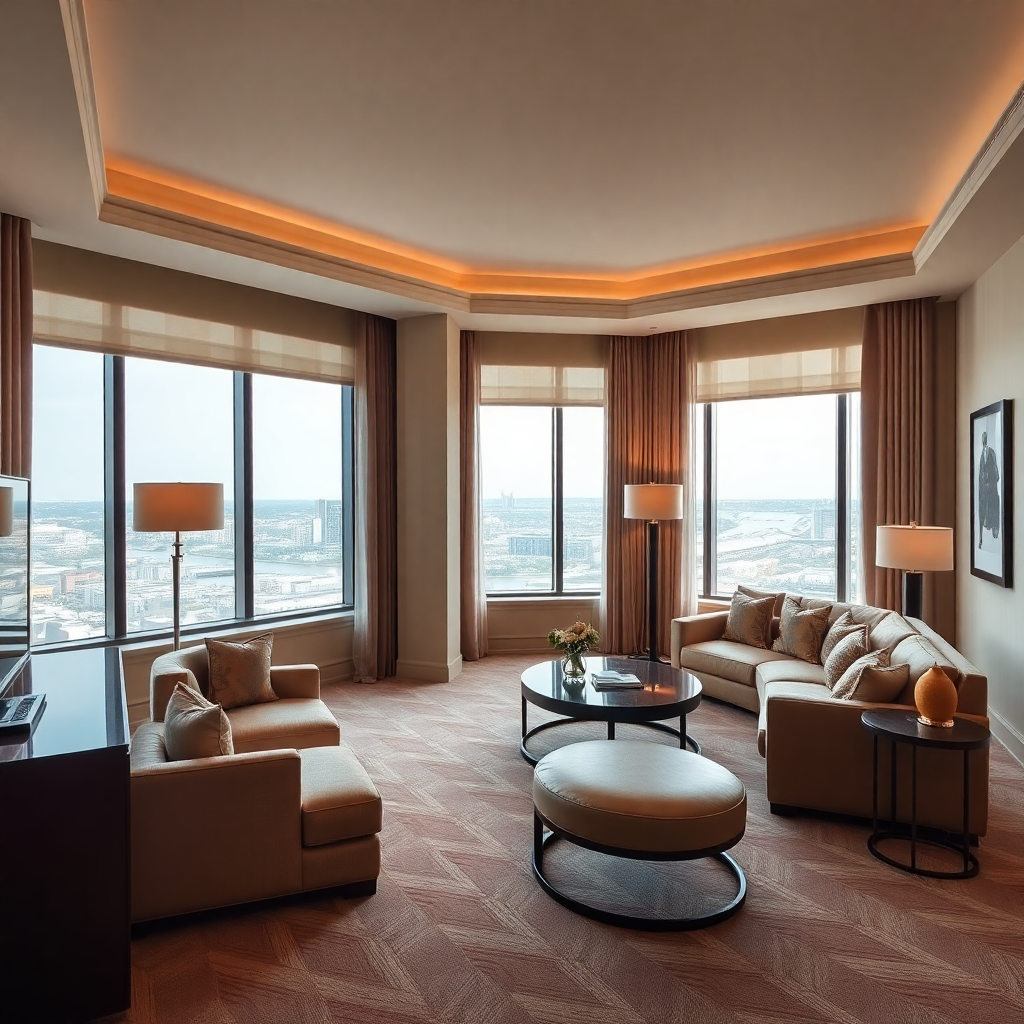 luxury hotel executive suite with separate living area, elegant decor, panoramic windows, sophisticated interior