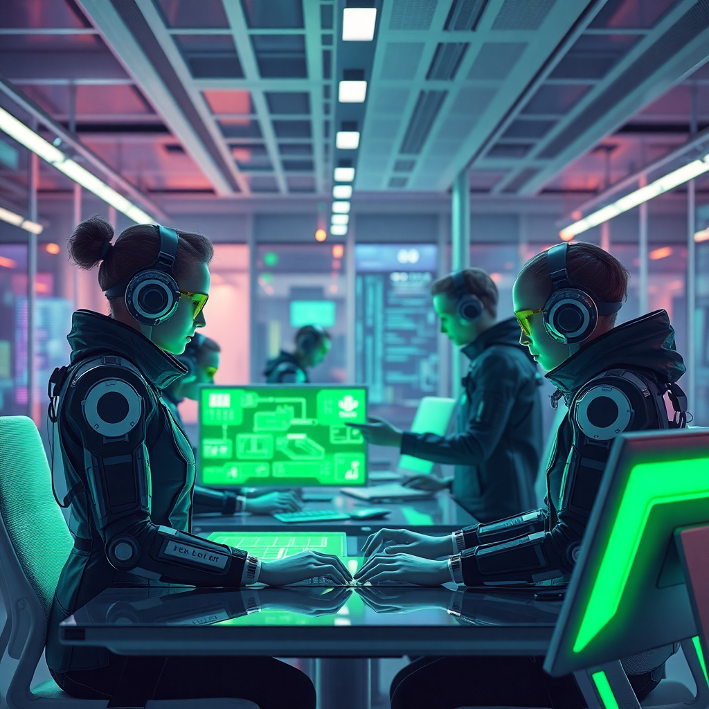 futuristic cyberpunk tech team working in modern office with green holographic displays