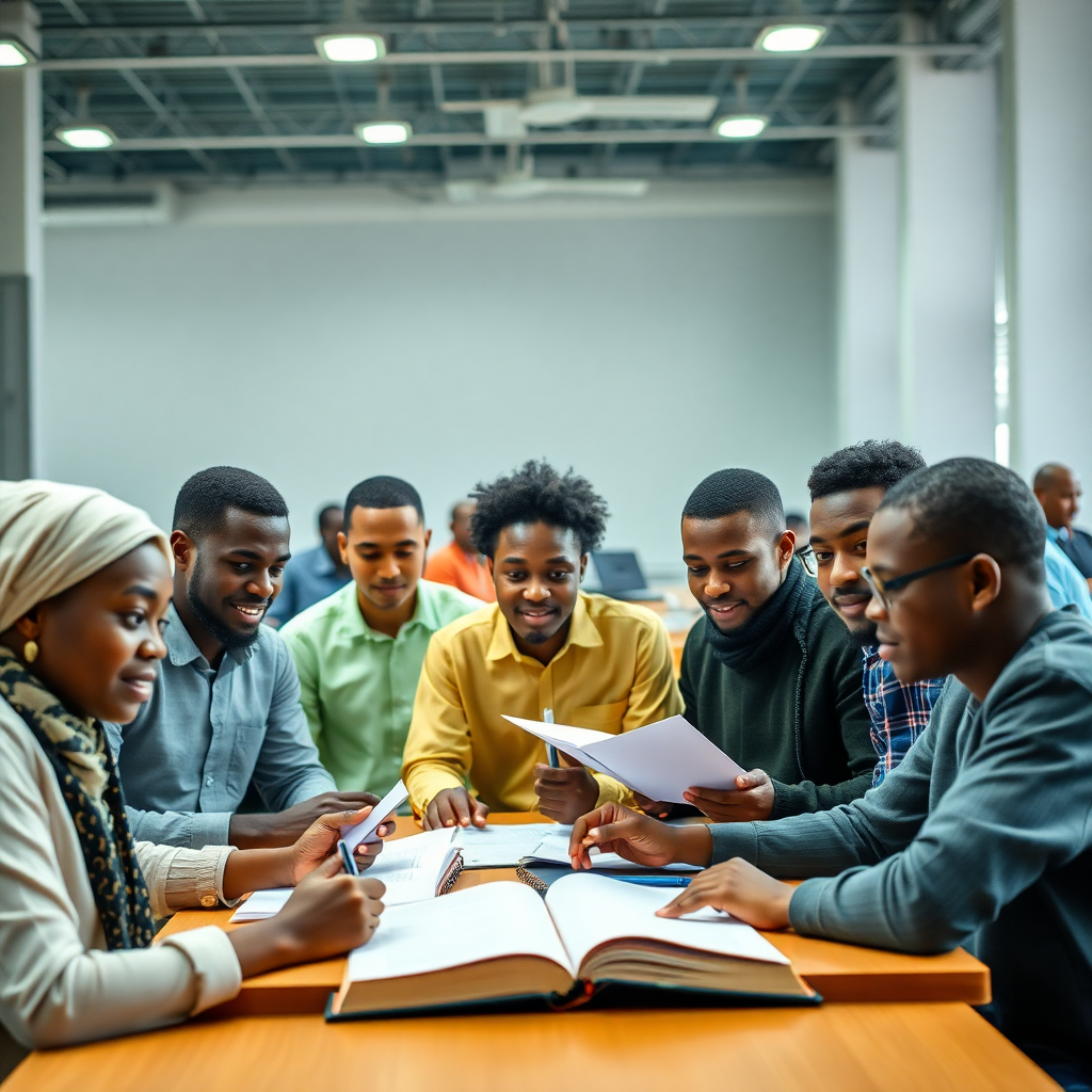 diverse group of Nigerian engineering students in a university setting, studying together with an open Bible nearby, professional atmosphere
