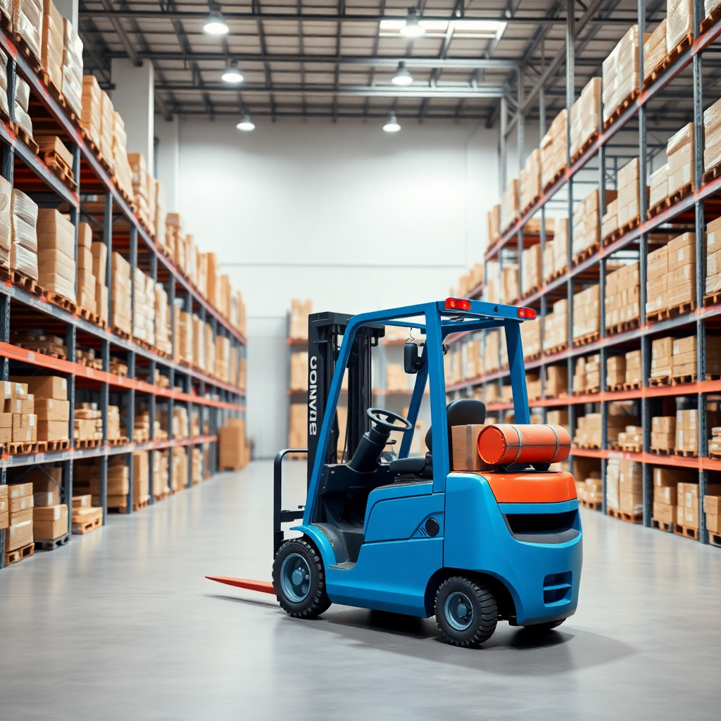 modern warehouse with blue forklift, organized shelves with packages, logistics center, clean and bright, professional