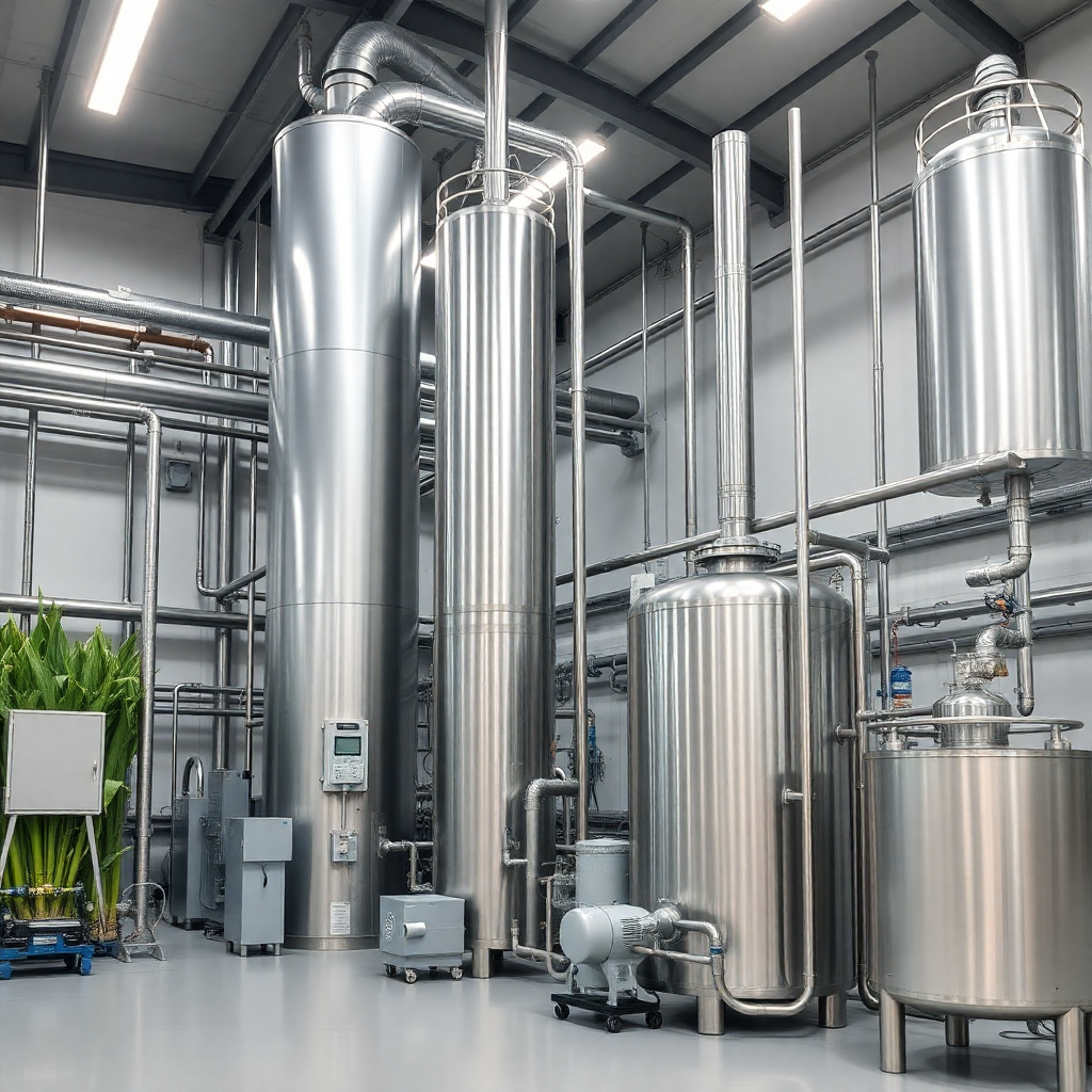 modern sugar mill facility with sugarcane processing and ethanol distillery equipment, industrial biofuel production plant, clean industrial photography