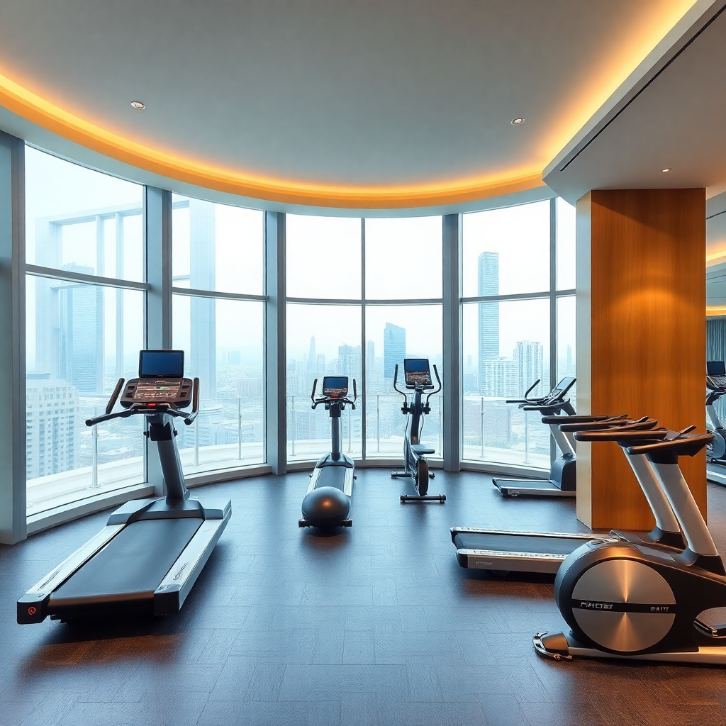 luxury hotel fitness center, modern gym equipment, floor to ceiling windows, premium wellness facilities