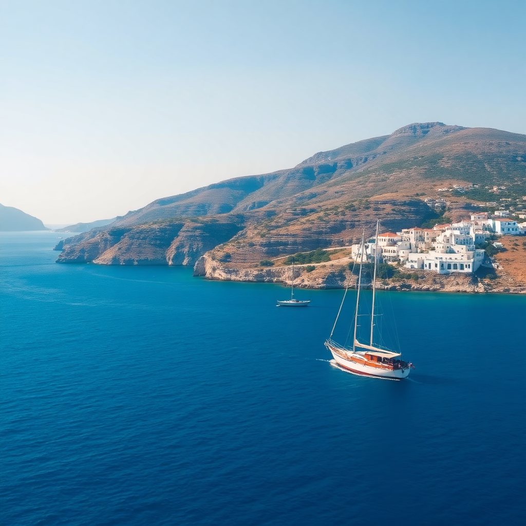 Greek Cyclades islands with white villages, sailing yacht approaching, deep blue Aegean sea