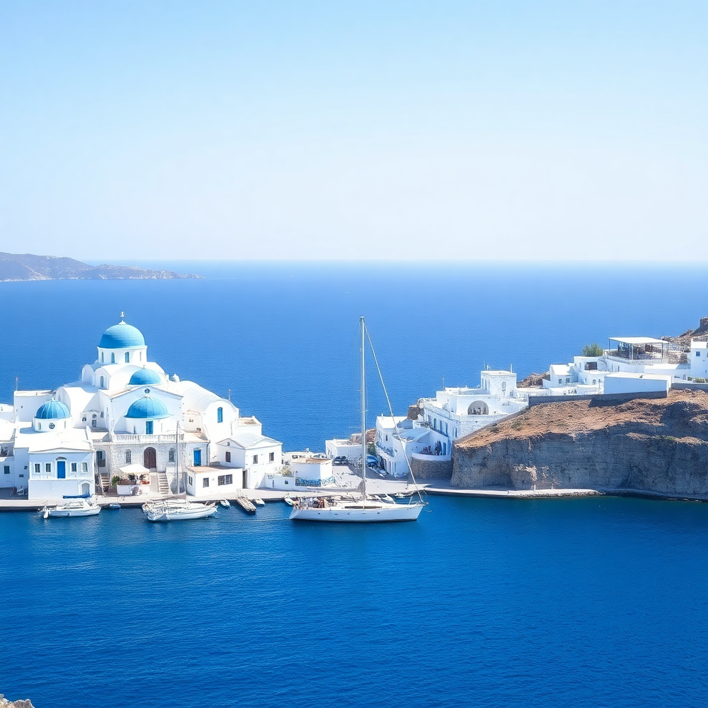 Greek Cyclades islands with white buildings, blue domes, sailing yacht in harbor, deep blue Aegean sea