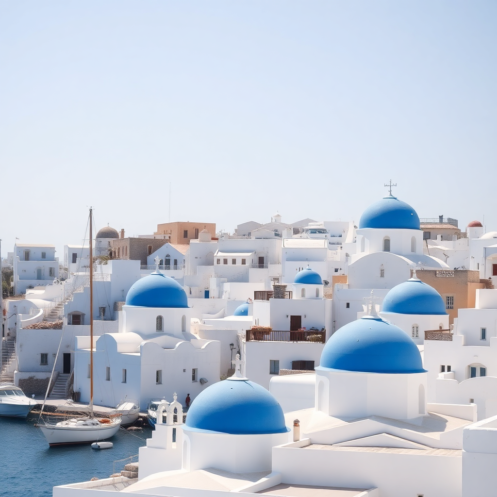 Greek Cyclades islands with whitewashed buildings, blue domes, sailing yacht in harbor