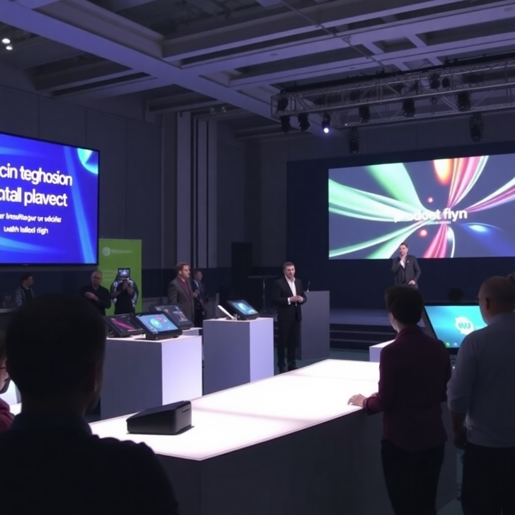 A dynamic product launch event for a tech company, with interactive displays, an LED screen backdrop, and a speaker on stage.