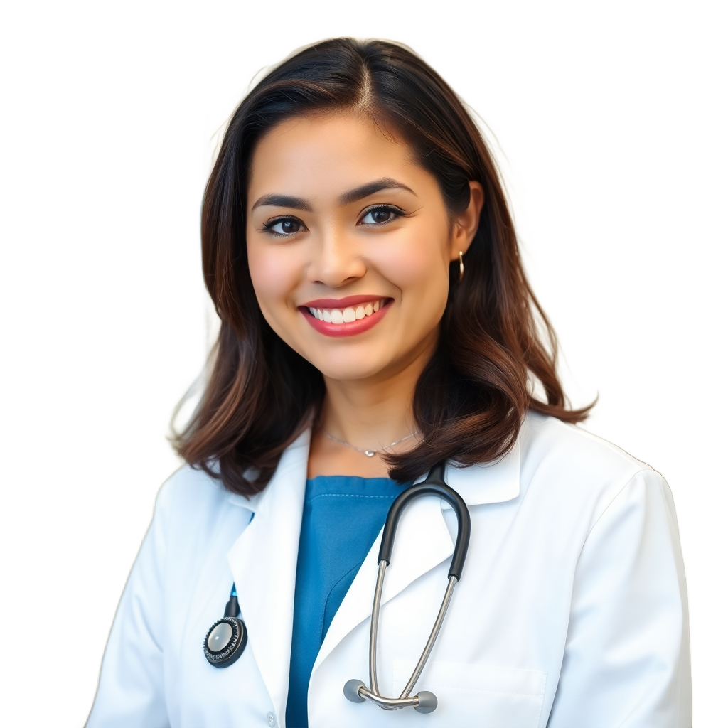 professional female doctor in white coat, warm smile, medical office background, professional headshot