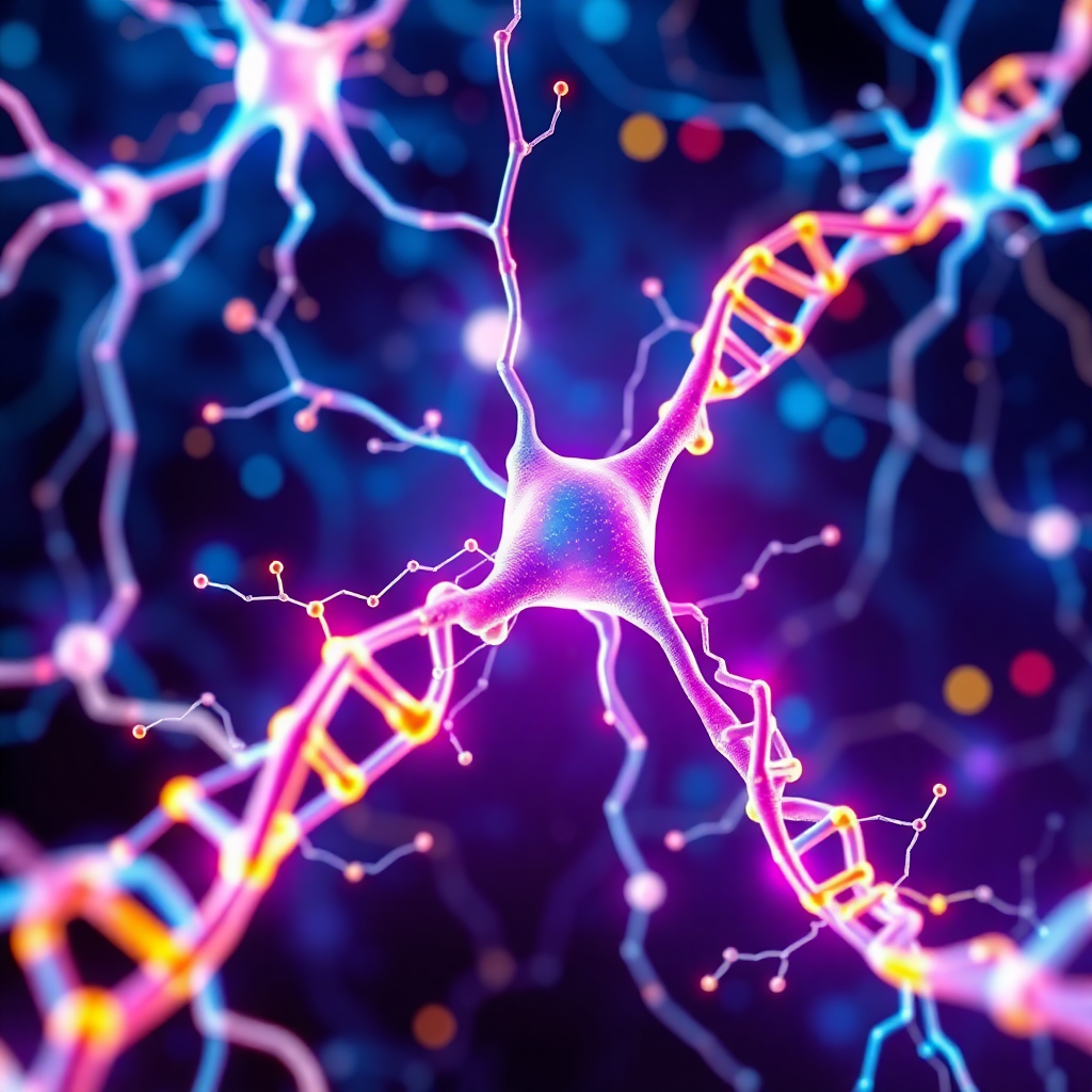 A vibrant, abstract visualization of interconnected neurons and DNA strands