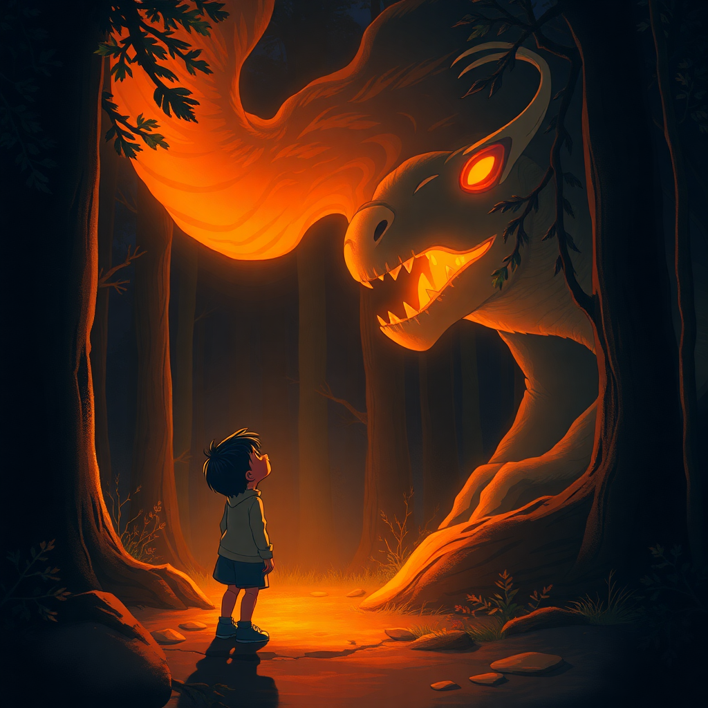 Warm, beautiful Studio Ghibli style illustration of a young child looking bravely at a large, glowing magical creature in a dark but safe-feeling forest at night, deep rich colors, amber lighting