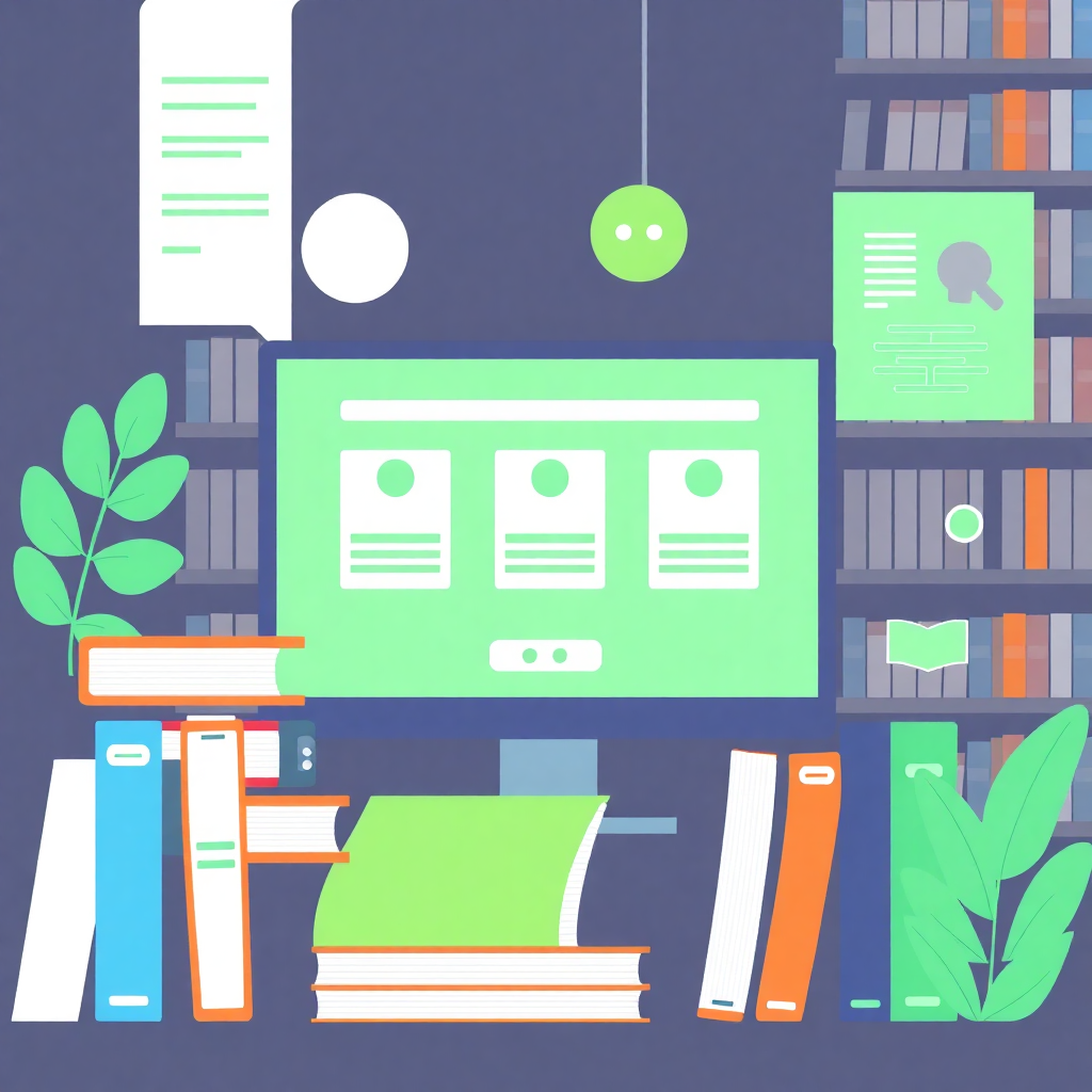 digital library management illustration with books, digital resources, catalog, borrowing system, green theme