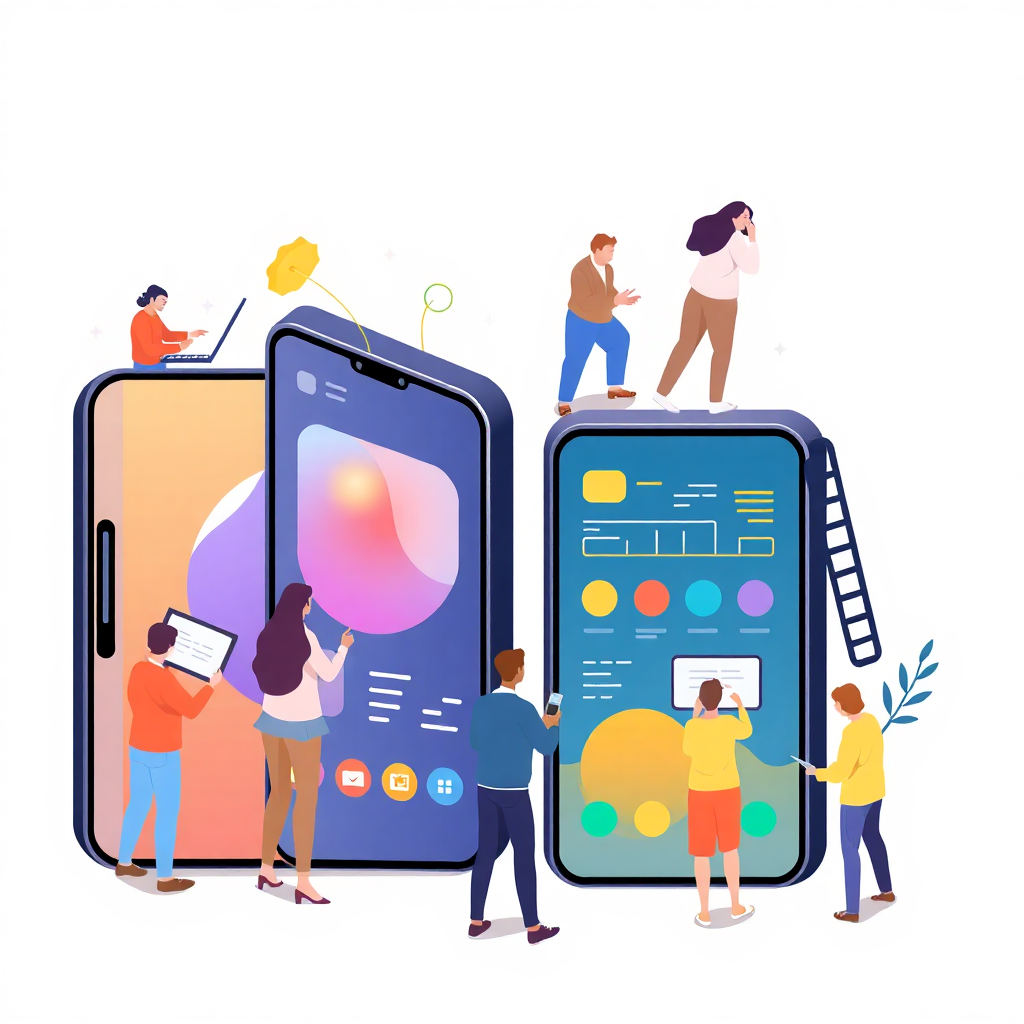modern mobile app development illustration with diverse team working on large screens and mobile interfaces, vibrant colors, isometric style, clean background