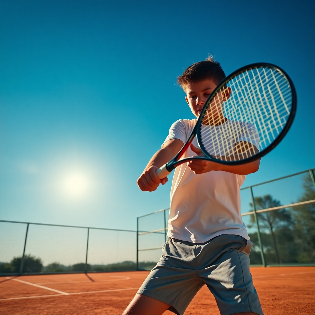 high resolution intense photo of a young tennis player hitting a powerful forehand on a clay court, sun flare, dynamic angle, blue sky, 8k realistic photography style