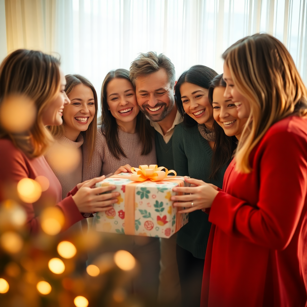 Joyful celebration, friends gathering around a beautifully wrapped gift, warm lighting, elegant lifestyle photography, high quality, soft focus background