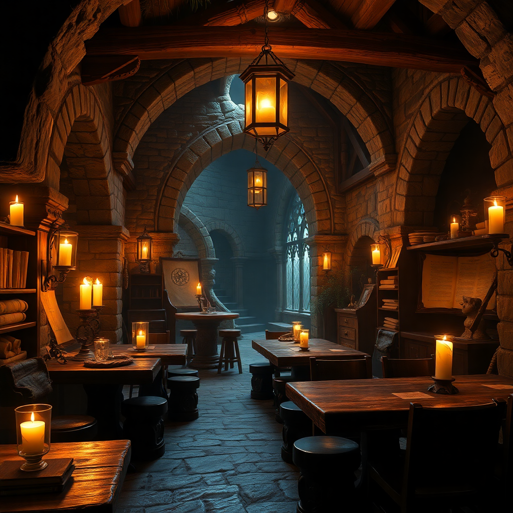 mystical fantasy tavern interior with warm candlelight, ancient scrolls, magical artifacts, wooden tables, stone archways, epic RPG atmosphere