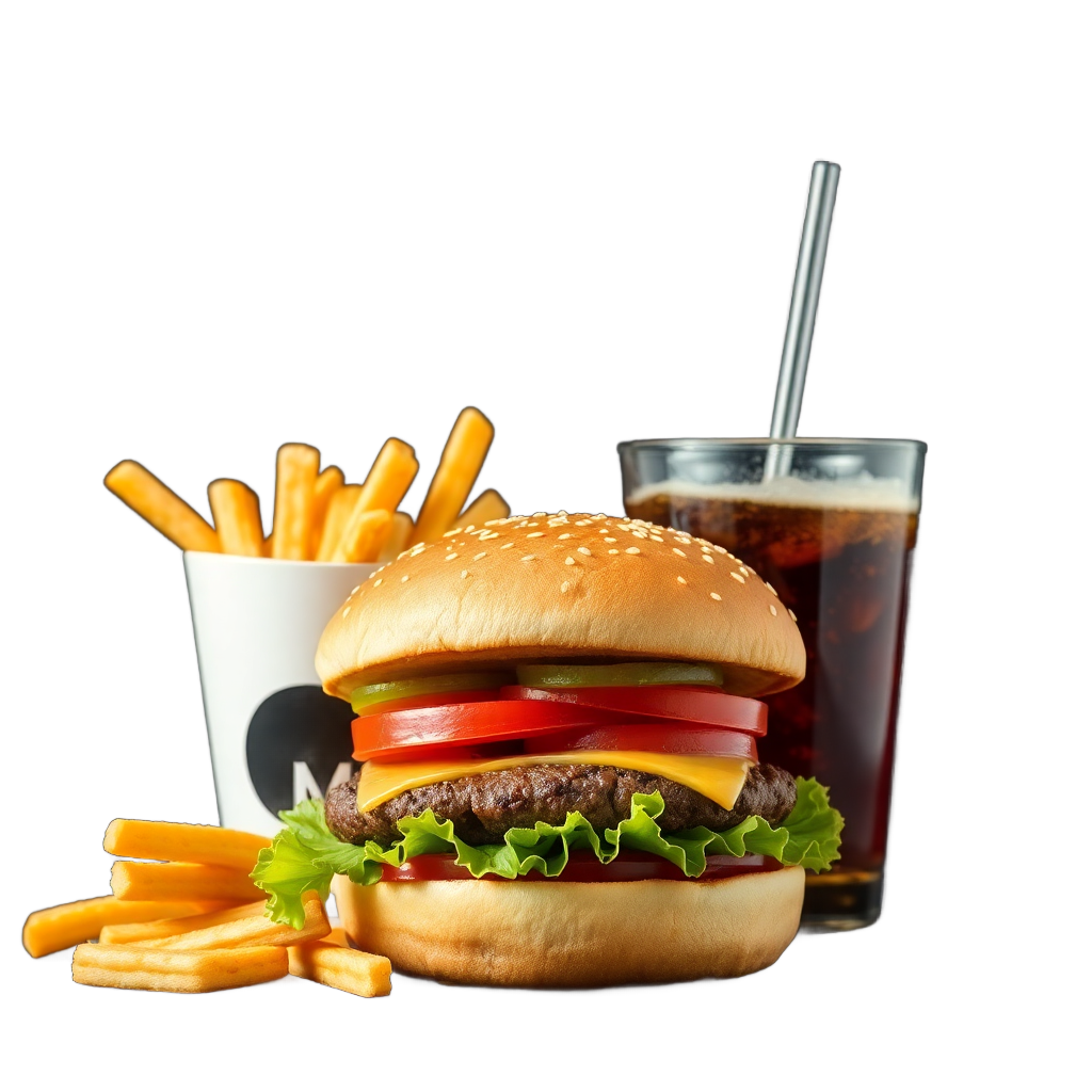 Burger meal combo burger fries drink without background isolated