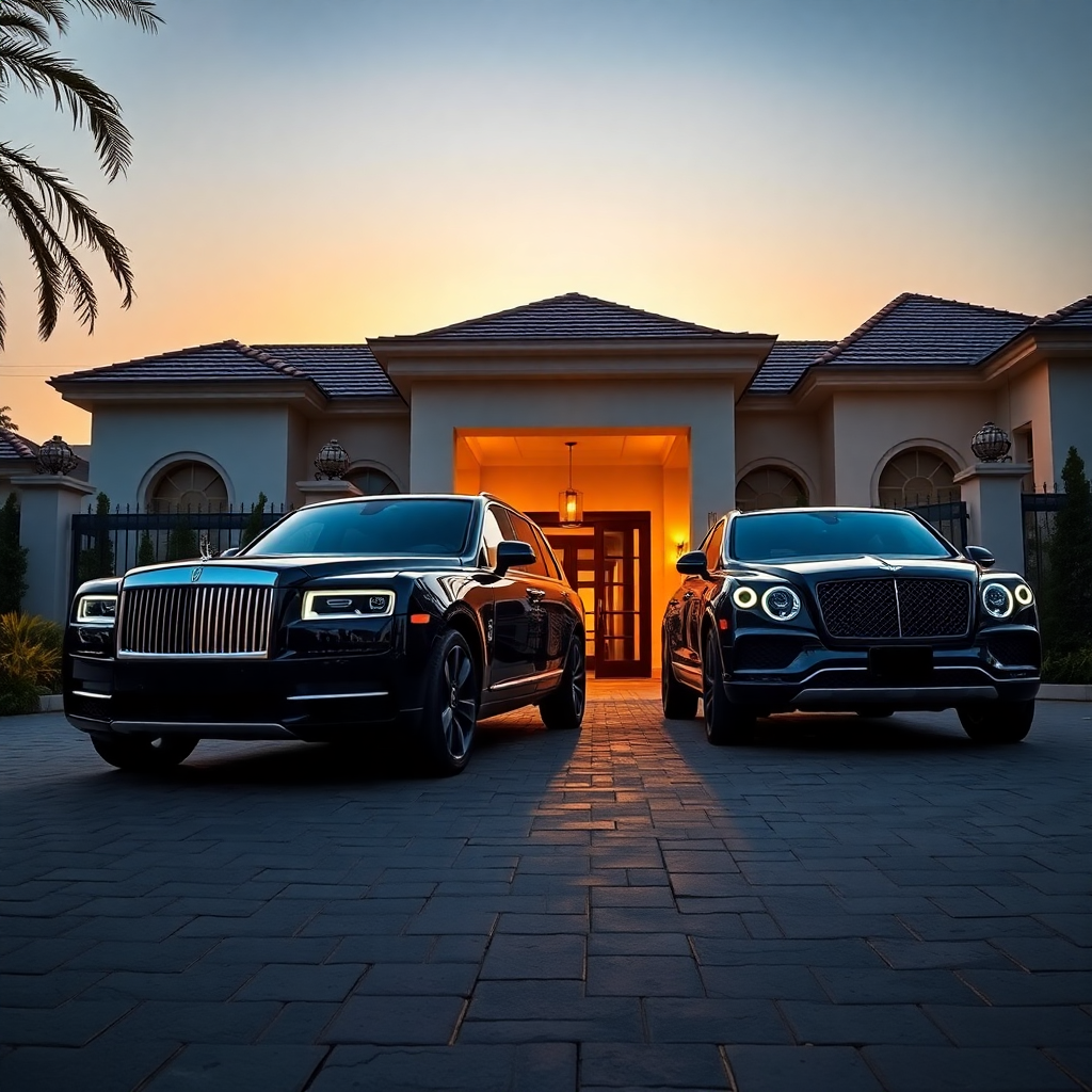 ultra-luxury black Rolls Royce Cullinan parked at a prestigious estate entrance at golden hour, cinematic premium automotive photography