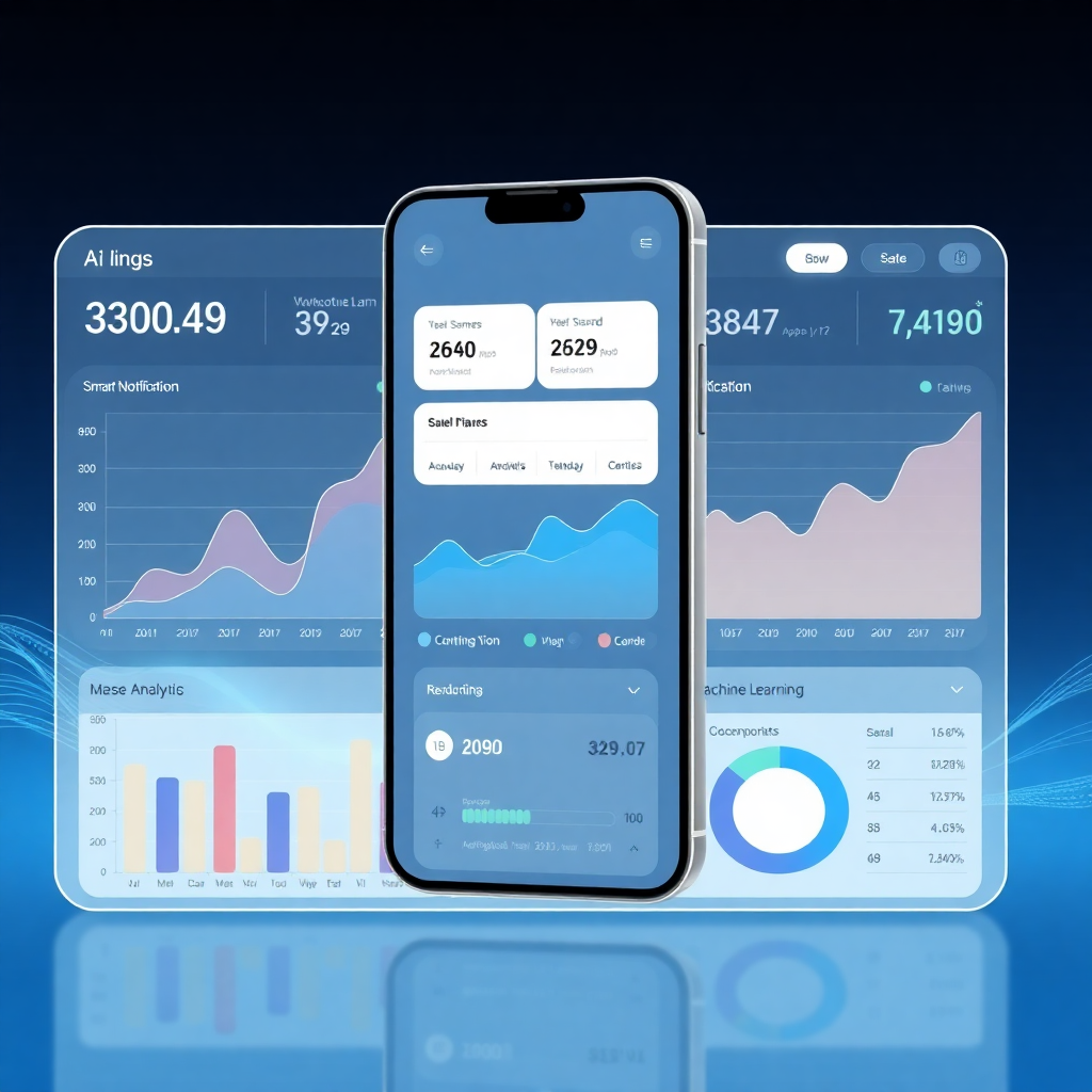 AI-powered mobile app analytics dashboard showing predictive user behavior graphs, smart notification system, and machine learning insights, futuristic interface design