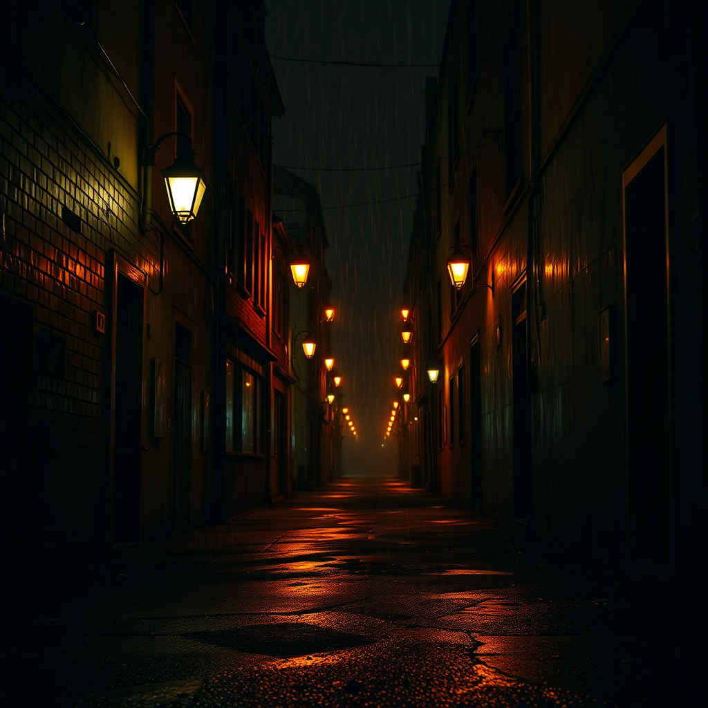 gritty crime drama scene in a dark alley with rain and yellow street lights
