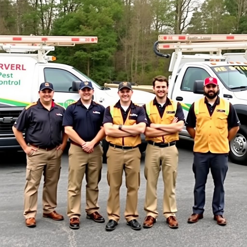 Professional pest control team in uniforms standing in front of service trucks, Smithfield North Carolina background