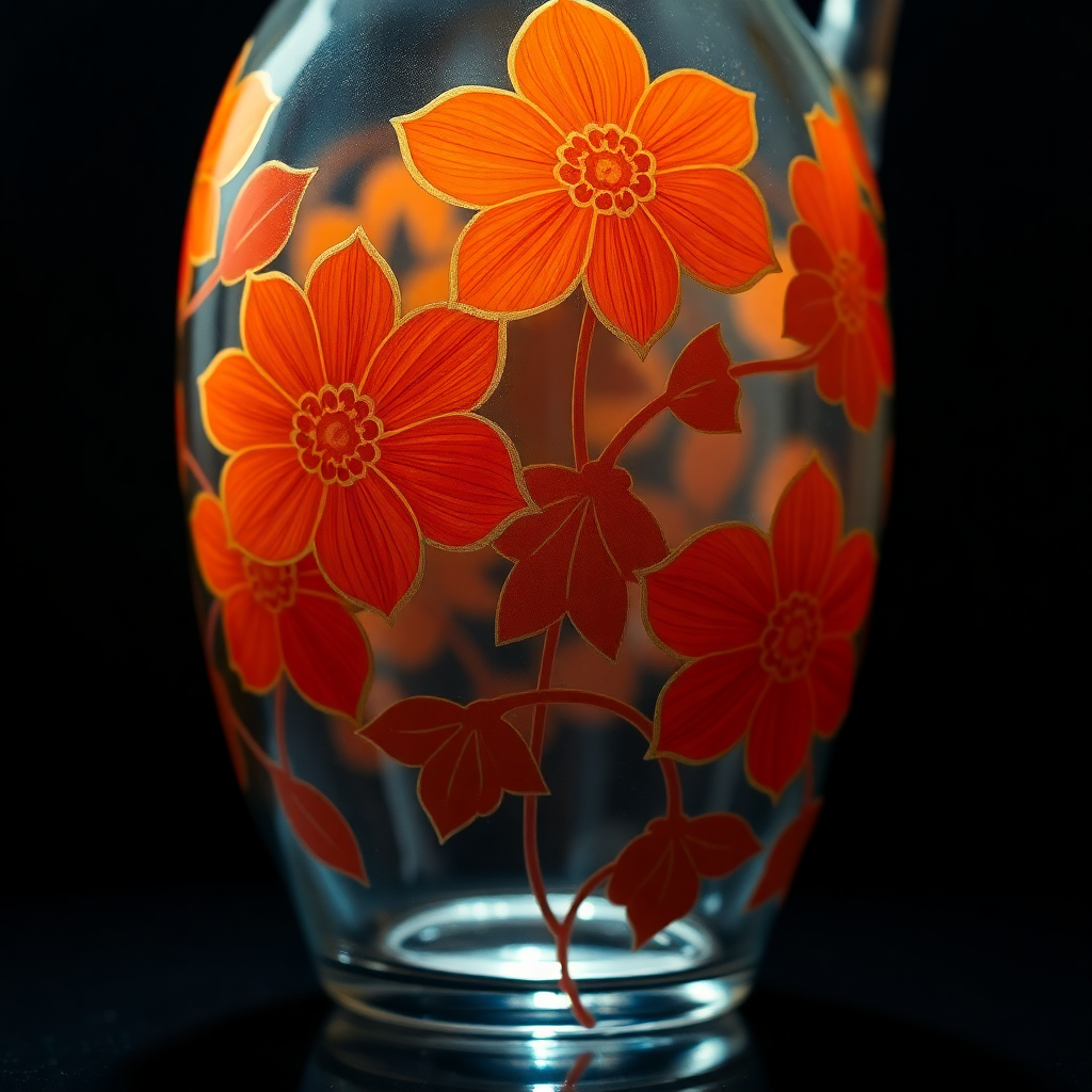 Close up of a hand-painted glass jug with deep terracotta and burnt sienna floral motifs, outlined in radiant gold