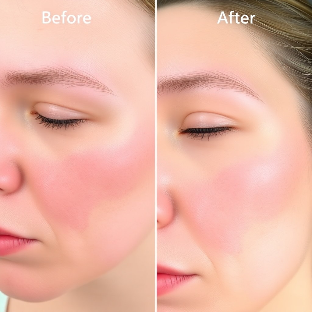before and after skincare results showing reduced acne and blemishes, clinical photography style