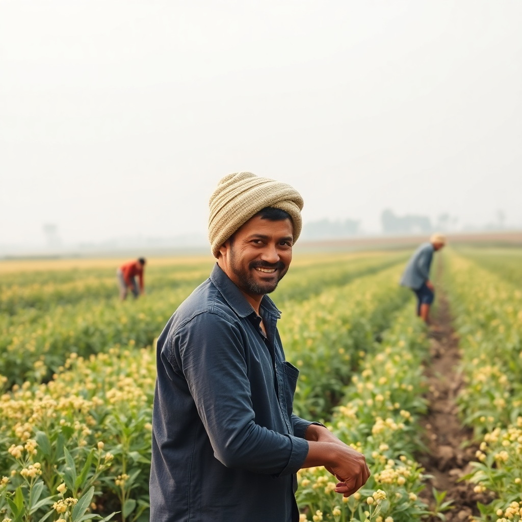 sustainable organic farming, farmers working in chickpea fields, eco-friendly practices, earthy tones, environmental conservation