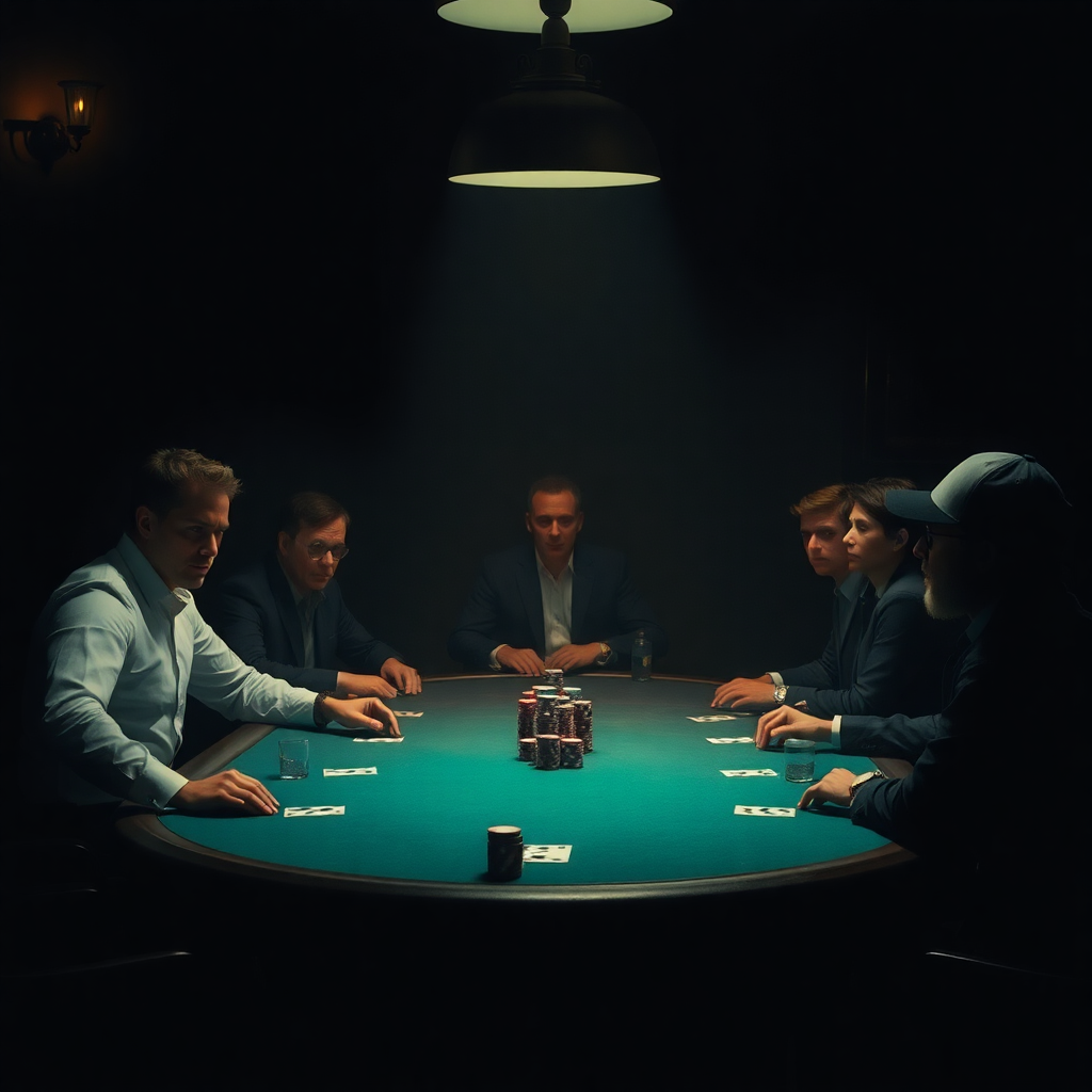 vertical movie poster of a high stakes poker game, moody lighting