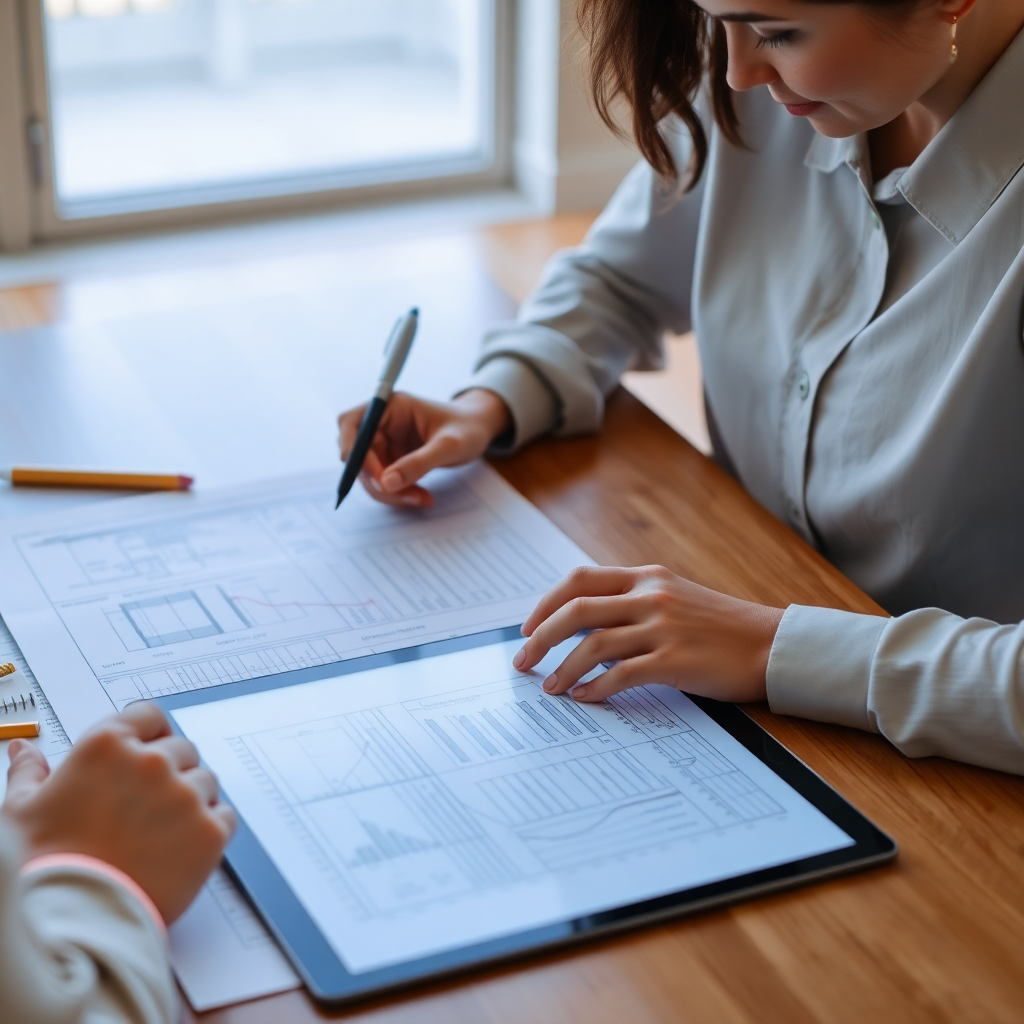 renovation planning meeting with blueprints and tablet