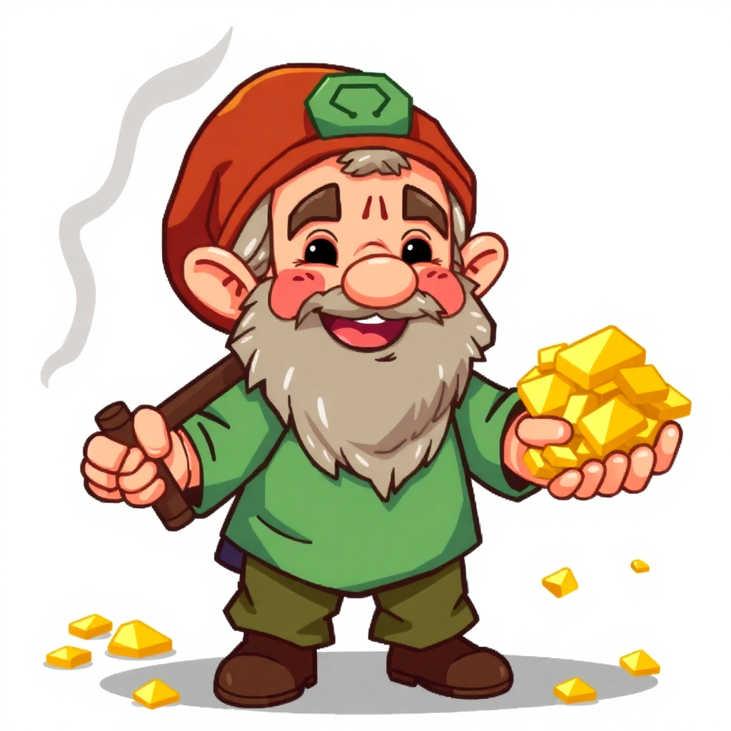 happy dwarf miner carrying gold