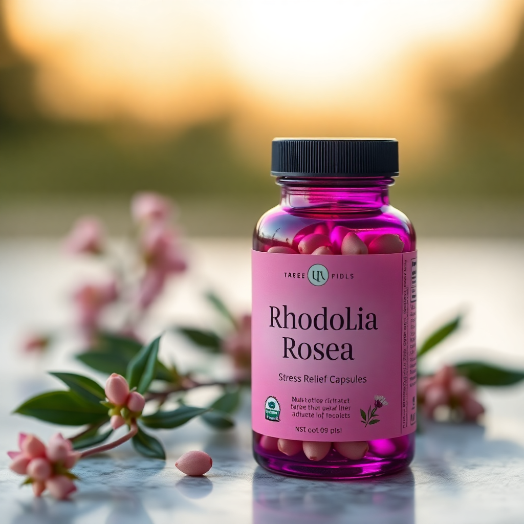 rhodiola rosea stress relief capsules, pink bottle, adaptogen supplement, mood support, elegant photography
