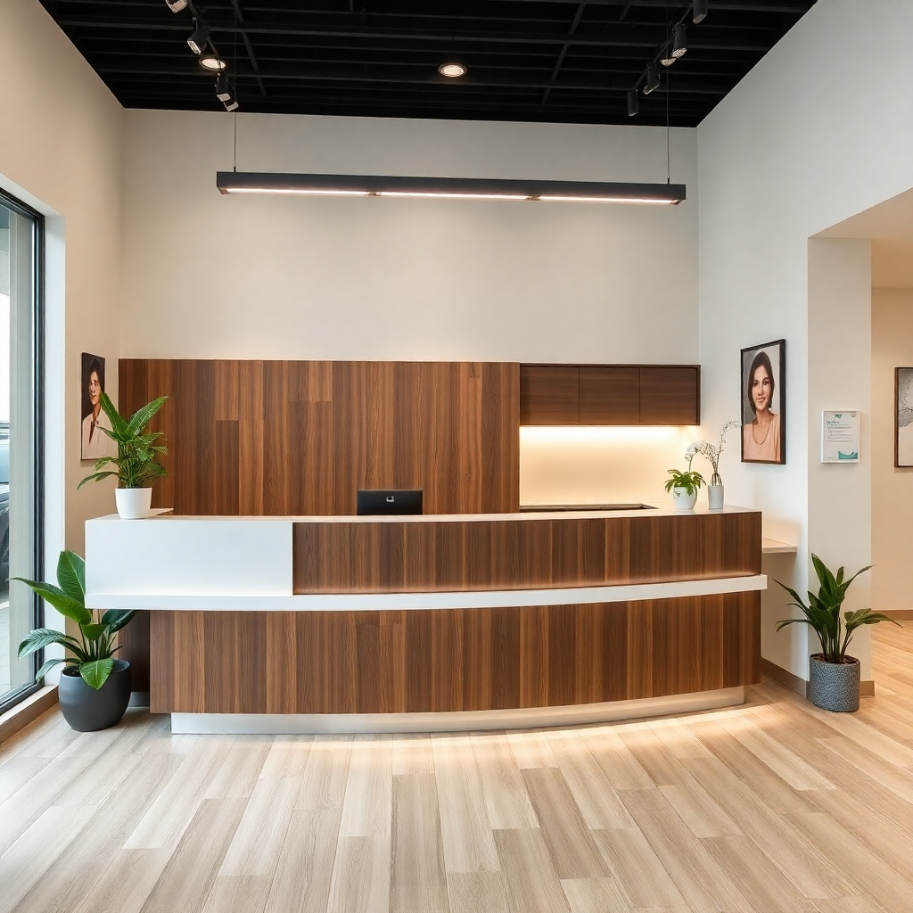 modern reception desk in medical office, clean design, plants, professional healthcare environment